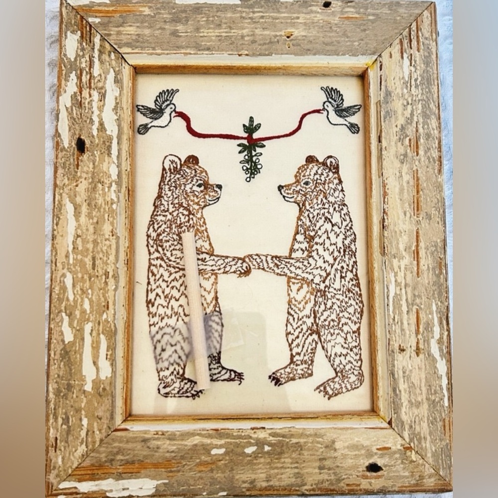Handmade Re-Purposed Barn Wood Frame with Embroidered Bears